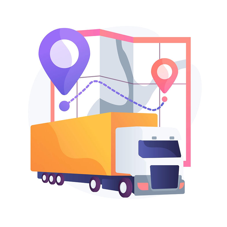 Gold, cartoon shipping truck In foreground with a map showing two location points. One is purple, the other is orange. This shows the shipping trucks journey from sender to recipient. 