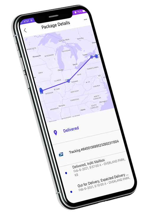 Phone displaying shipping tracking info, including branded shipping notifications.