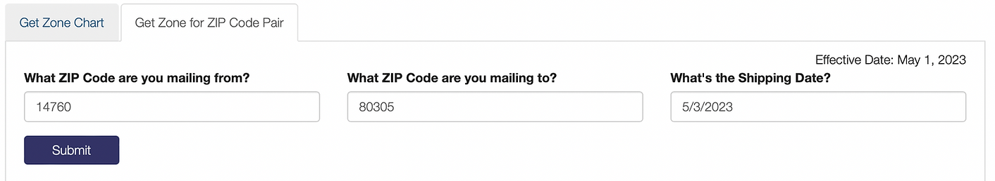 The senders and recipients Zip Code are filled in on the USPS Shipping Chart.  The shipping date has been defined as 3rd May 2023.